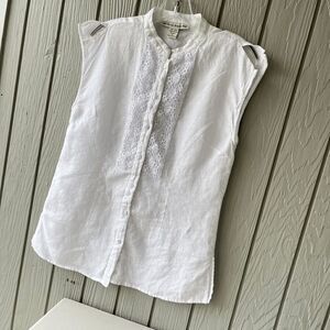 David Brooks Linen Sleeveless Top | Lace Detail, Side Slits, SZ M